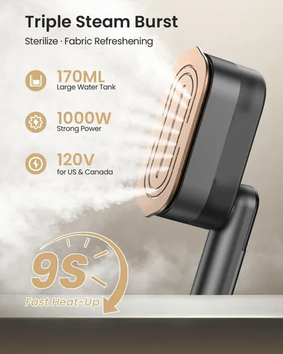 Miniatura 2 de LOXP Plancha de vapor de mano 2 en 1 para ropa, vaporizador de viaje de 1000 W con suela de cerámica, calentamiento rápido 9s, tanque a prueba