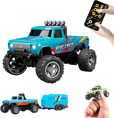 Mini Monster Truck, escala 1:64, auto a control remoto con luces, camión RC todoterreno 2.4GHz, auto RC recargable por USB con velocidad ajustable