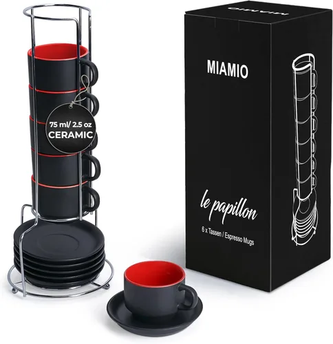 Miniatura 8 de MIAMIO - Juego de tazas de café expreso de 2.5 oz con platillos, juego de tazas de café de 6 piezas - Taza de café de cerámica apilable, taza