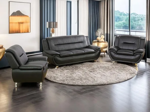 Miniatura 6 de Juego de sofá de cuero (3 piezas, cuero negro B), muebles de sala de estar para apartamento, material de estilo minimalista, fácil montaje B-cuero