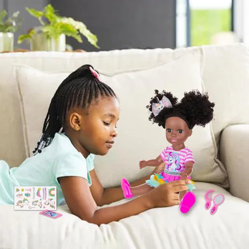 Miniatura 8 de Ecore Fun Muñeca Negra de 14 Pulgadas con Accesorios de Ropa para Muñeca Bebé Negra – Incluyendo Vestido, Blusa, Falda, Zapatos, Peine, Espejo