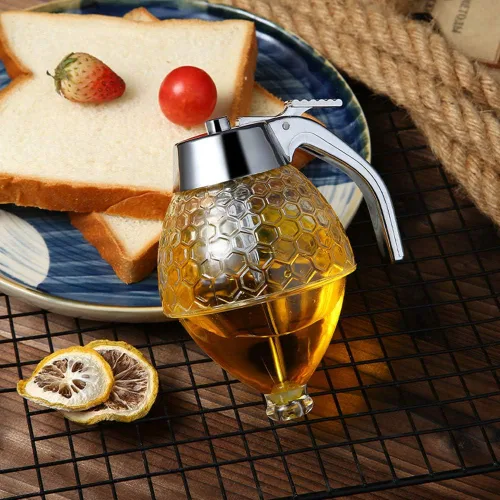 Miniatura 5 de Dispensador de miel, dispensador de jarabe, dispensador de jarabe acrílico, hermoso tarro de miel de nido de abeja, tarro de miel con soporte