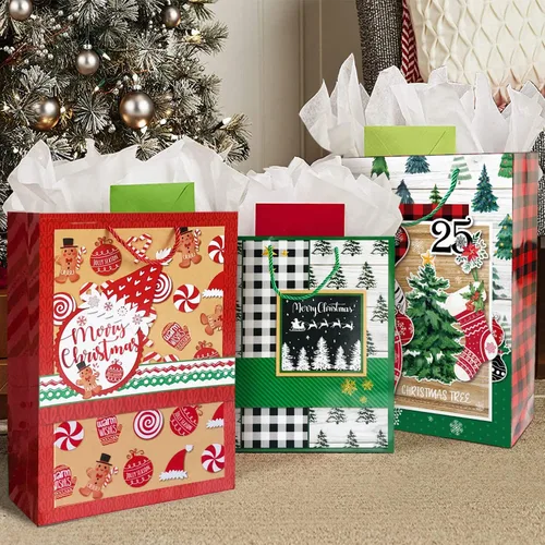Miniatura 3 de Party Funny 24 bolsas de papel de regalo de Navidad a granel con asas y 60 etiquetas de regalo de Navidad, varios tamaños para envolver regalos