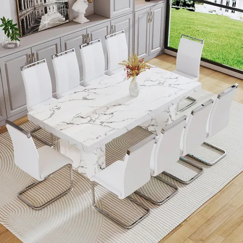 Miniatura 54 de gopop Mesa de comedor de mármol de 63 pulgadas, tablero de mesa de comedor MDF con patrón de mármol y base para cocina y comedor.