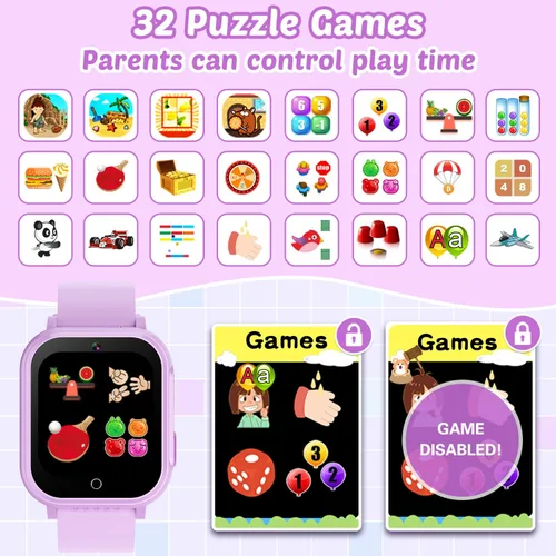 Miniatura 4 de Reloj inteligente impermeable para niños con 32 juegos, cámara dual, video, seguimiento de hábitos, reproductor de música, podómetro, protectores