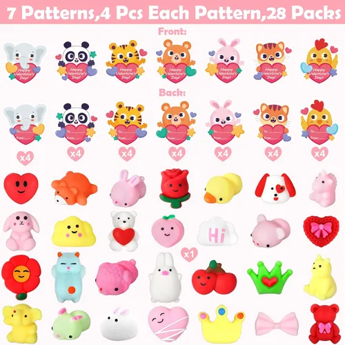 Miniatura 2 de SURCVIO Paquete de 28 regalos para el día de San Valentín para niños, corazones rellenos de mochi y tarjetas de felicitación de San Valentín Kawaii