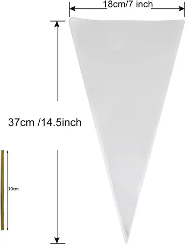 Miniatura 2 de COOLAKE Bolsas de golosinas en forma de cono, 100 unidades de 7 x 14.5 pulgadas, bolsa de celofán, bolsa de palomitas de maíz con lazos giratorios