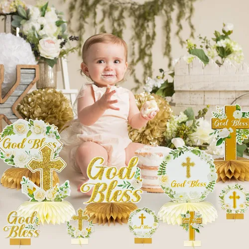 Miniatura 5 de ANGOLIO Centros de mesa florales de panal en oro blanco - 12 piezas, decoración de romero verde para bautizo, centro de mesa para baby shower