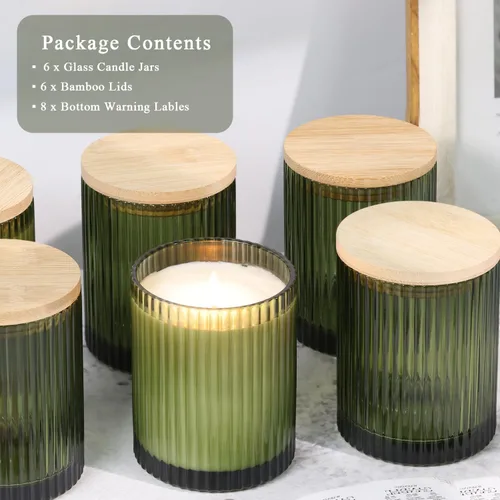 Miniatura 4 de Tarros de vela de vidrio verde oliva de 14 onzas para hacer velas, paquete de 6 frascos de velas vacíos a granel con tapas y accesorios de bambú