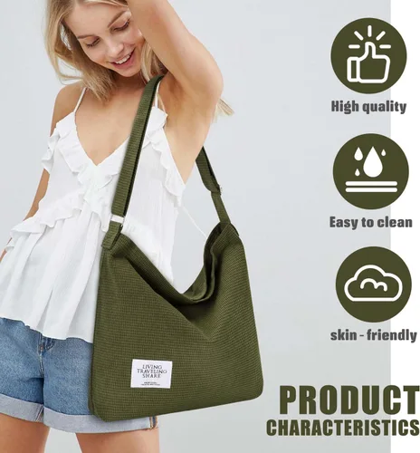 Miniatura 5 de Gocvo Bolso de mano de pana para mujer, bolso de hombro grande con cremallera, bolso cruzado con cordón y bolsillo