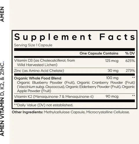 Miniatura 2 de Amen Vitamina D, K2 y zinc, colecalciferol D3 5000 UI, mezcla orgánica de alimentos integrales con manzana, arándano, arándano, frutas en polvo