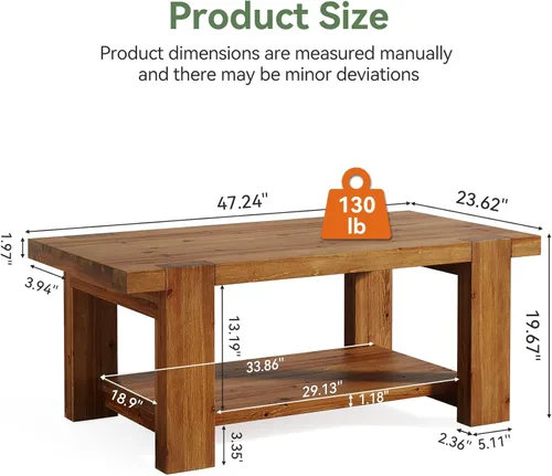 Miniatura 2 de Mesa de centro de madera maciza con estante de almacenamiento de 2 niveles, mesa central rectangular de granja de 47.2 pulgadas para sala de estar