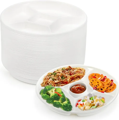 Miniatura 8 de Rani - Platos divididos redondos biodegradables de 5 compartimentos, paquete de 125 ~ Party Thali, Buffet, desechables y ecológicos, bagazo de papel