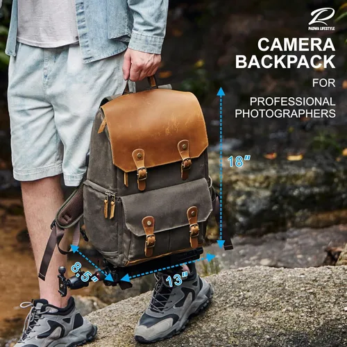 Miniatura 7 de Mochila para cámara Padwa Lifestyle - Bolsa de cámara de lona de memoria encerada resistente al clima para fotógrafos, Café