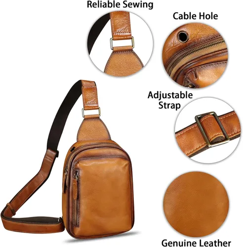 Miniatura 6 de LRTO Bolso bandolera pequeño de cuero genuino para mujeres y hombres, bolsa cruzada para el pecho, mochila para senderismo, deportes, viajes