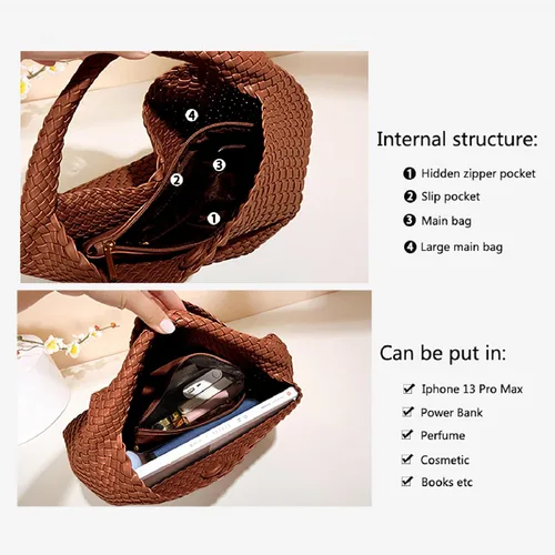 Miniatura 4 de Bolso de mano tejido a mano de cuero vegano para mujer, bolso de hombro con asa superior, bolsa de axilas con monedero