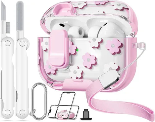 Miniatura 20 de con bloqueo de seguridad para funda de AirPods Pro 2ª 1ª generación, funda transparente floral linda para AirPods Pro 2 con soporte para teléfono