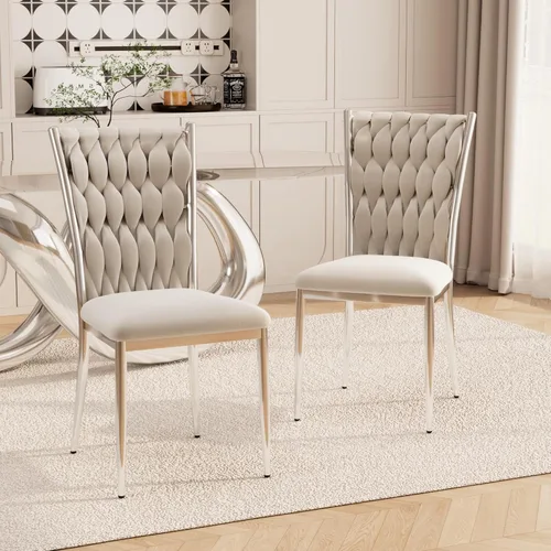 Miniatura 39 de Juego de 2 sillas de comedor de terciopelo, modernas sillas de cocina tejidas con patas de metal dorado, cojín tapizado con respaldo alto