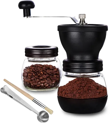 PARACITY Molinillo Manual de Granos de Café con Rebaba de Cerámica, Molinillo de Café Manual Pequeño con 2 Frascos de Vidrio (11 Onzas por Frasco)