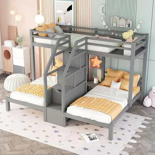 Miniatura 16 de RUNNA Litera matrimonial sobre individual con escritorio, cajones y escaleras, litera de madera maciza para niños, niñas, adolescentes y adultos