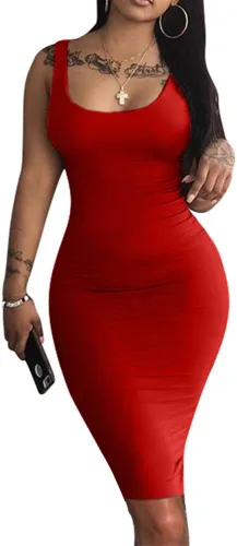 LAGSHIAN - Vestido bodycon sin mangas, sexy, sin mangas, vestido básico por debajo de la rodilla para club