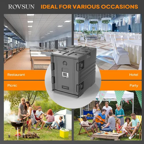 Miniatura 7 de ROVSUN Calentador de alimentos de 82 cuartos de galón, calentadores de alimentos para catering, con 4 bandejas de tamaño completo NSF, ruedas dobles