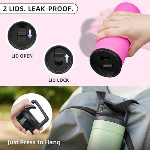 Miniatura 6 de BJPKPK - Botella de agua aislada con 2 tapas, vaso/taza de viaje de acero inoxidable de 20 onzas con aislamiento al vacío de doble pared, taza