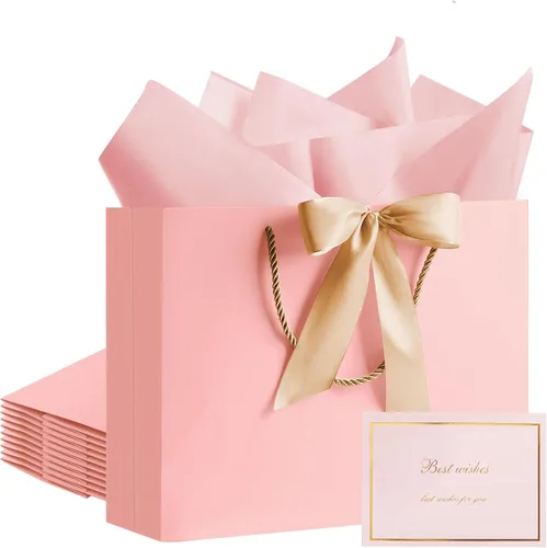 Miniatura 18 de PASEOTA Bolsas de regalo de 12.6" a granel, 10 bolsas de regalo con 20 papeles de seda y 10 tarjetas de felicitación, bolsa de lujo con asas