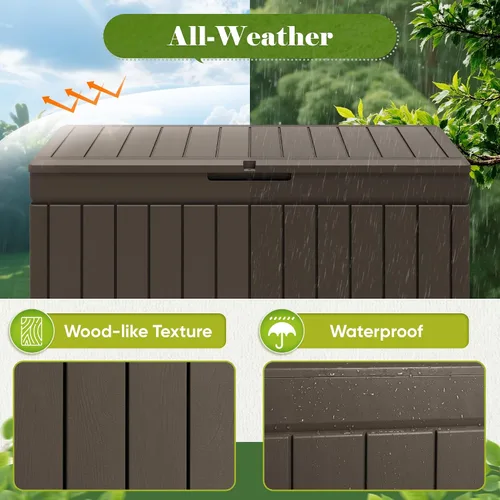Miniatura 7 de Flamaker Caja de almacenamiento para exteriores de 80 galones, caja de resina impermeable para cubierta con textura de madera, caja de entrega
