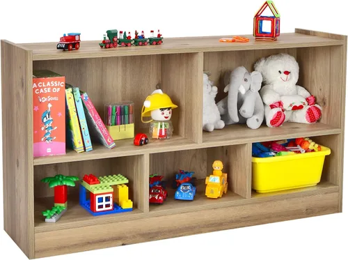 Miniatura 9 de HONEY JOY Organizador de almacenamiento de juguetes para niños, estante de almacenamiento de 5 secciones para preescolar, 2 niveles de madera Natural