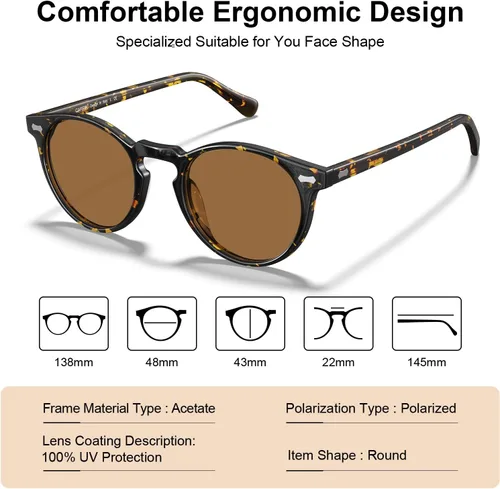 Miniatura 38 de CARFIA Gafas de sol polarizadas de acetato redondo para mujer, protección UV de cara pequeña con funda de cuero CA5288