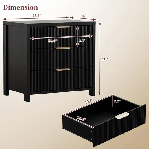 Miniatura 2 de Mesita de noche acanalada, 23.7 pulgadas de ancho con 3 cajones, moderna mesita de noche de mediados de siglo con asas, mesa auxiliar de madera