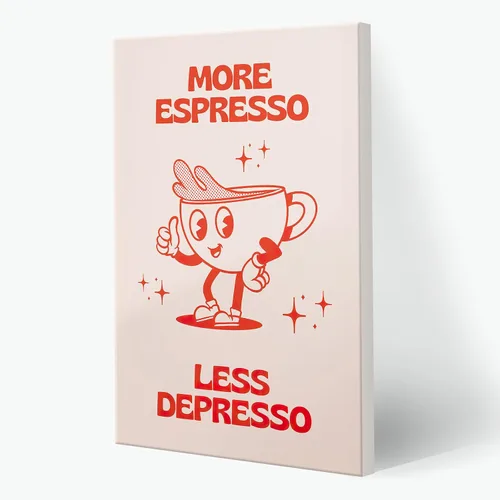 Póster retro con texto en inglés «More Espresso Less Depresso», bonita taza de café de dibujos animados, citas rojas, arte de pared, divertido y