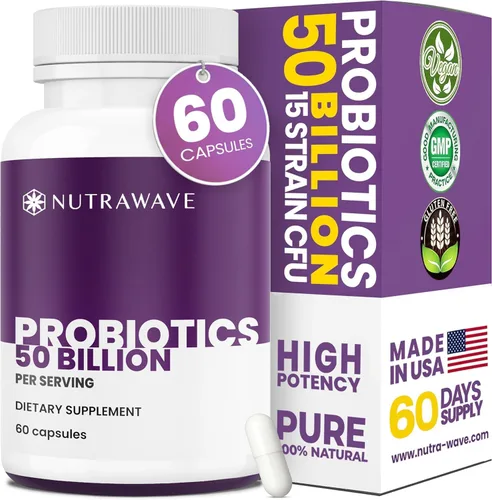 Nutra Wave 50 mil millones de probióticos y prebióticos para mujeres y hombres – 15 cepas de cultivo activo – Apoya la hinchazón, el estreñimiento,