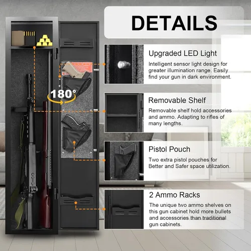 Miniatura 5 de Marcree Caja fuerte para armas 1-2, gabinete de armas para rifles y pistolas con sistema de alarma, acceso rápido de 180°, caja fuerte digital