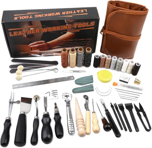 BUTUZE Kit de herramientas de cuero, prácticas herramientas de trabajo de cuero con biselador, ranurador, punzón de costura y agujas - Viene con