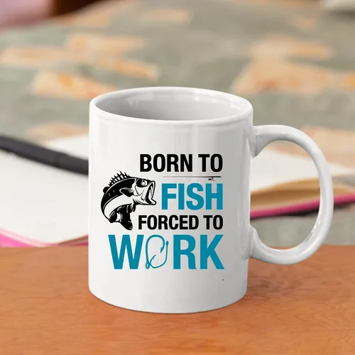 Miniatura 5 de Taza de pescador con texto en inglés "Born To Fish Forced To Work", regalos de pesca para marido, papá, abuelo, novio, café, tazas de cerámica, 11