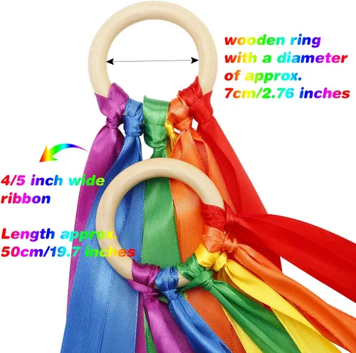 Miniatura 2 de WILLBOND Cometa de mano arcoíris de 3 piezas, cintas de muñeca de cinta, varita de viento bailarina con anillo de madera, juguetes educativos