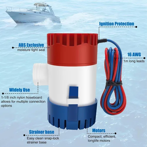 Miniatura 3 de Bomba de sentina de 1100 GPH de 12 V, bomba de sentina sumergible para barcos y aplicaciones marinas de 1-1/8 pulgadas de salida para barcos