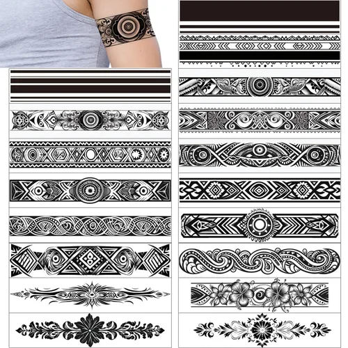 Miniatura 10 de GLARYYEARS Tatuaje temporal de alambre de púas – Paquete de 18 tatuajes polinesios falsos de tamaño súper largo, realistas y bohemios, brazalete