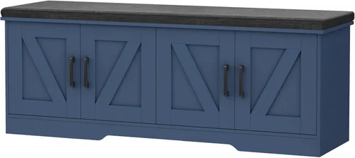 Miniatura 12 de HOMSHO Banca de almacenamiento de 2 niveles, banca para zapatos de 70 cm de ancho con cojín de asiento acolchado, banca de entrada con 2 puertas