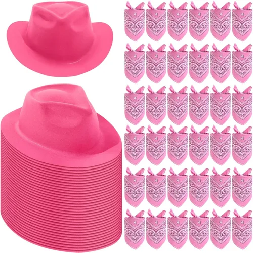 Miniatura 9 de Hillban 72 piezas de sombrero de vaquero occidental y set de bandana de paisley para niños, sombreros de fiesta de vaquero de fieltro para marrón