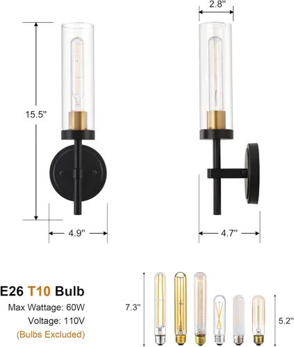 Miniatura 6 de Juego de 2 apliques de pared cableados negros y dorados, modernos apliques de tocador de baño con pantalla de vidrio transparente, luces de montaje