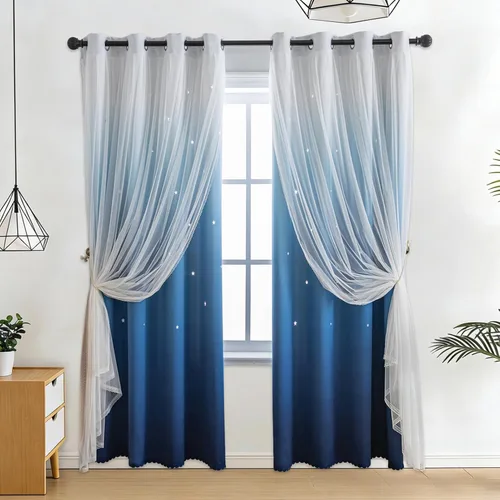 Miniatura 23 de Anytime - Cortinas románticas para niños, cortina de ventana con estrellas recortadas, cortinas opacas de doble capa para dormitorio de niñas, Azul