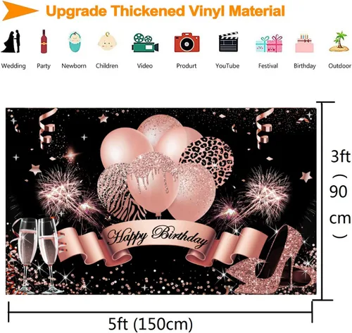 Miniatura 5 de InMemory Telón de fondo de cumpleaños de oro rosa para mujeres y niñas, fondo de fotografía de feliz cumpleaños, globos con purpurina, tacones
