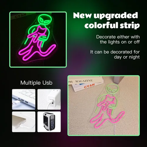 Miniatura 4 de ineonlife Letrero de neón de gato alienígena gracioso, letreros de neón en verde y rosa, artículos de gato alienígena para pared, cueva de hombres
