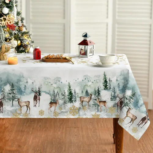 Miniatura 7 de Horaldaily Mantel de Navidad redondo de 60 x 60 pulgadas, ciervos nevados dorados, cubierta de mesa lavable para decoración de fiestas, pícnic, cenas
