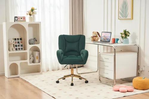 Miniatura 7 de Velvet Swivel Desk Chair with Gold Base - 360° Rotating Office Chair with Ergonomic Tufted Backrest, Thick Sponge Cushion & Universal Wheels for