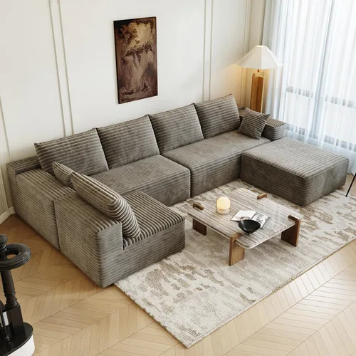 Miniatura 13 de Sofá seccional modular de 139.4", sofás minimalistas en forma de U con 2 otomanas chaise, sofá cama convertible moderno de asiento profundo, tela