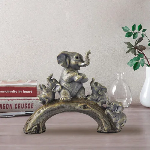 Miniatura 2 de Lindas estatuas de elefante amarillo para decoración del hogar, el elefante de la buena suerte y sus tres hijos están jugando en un puente